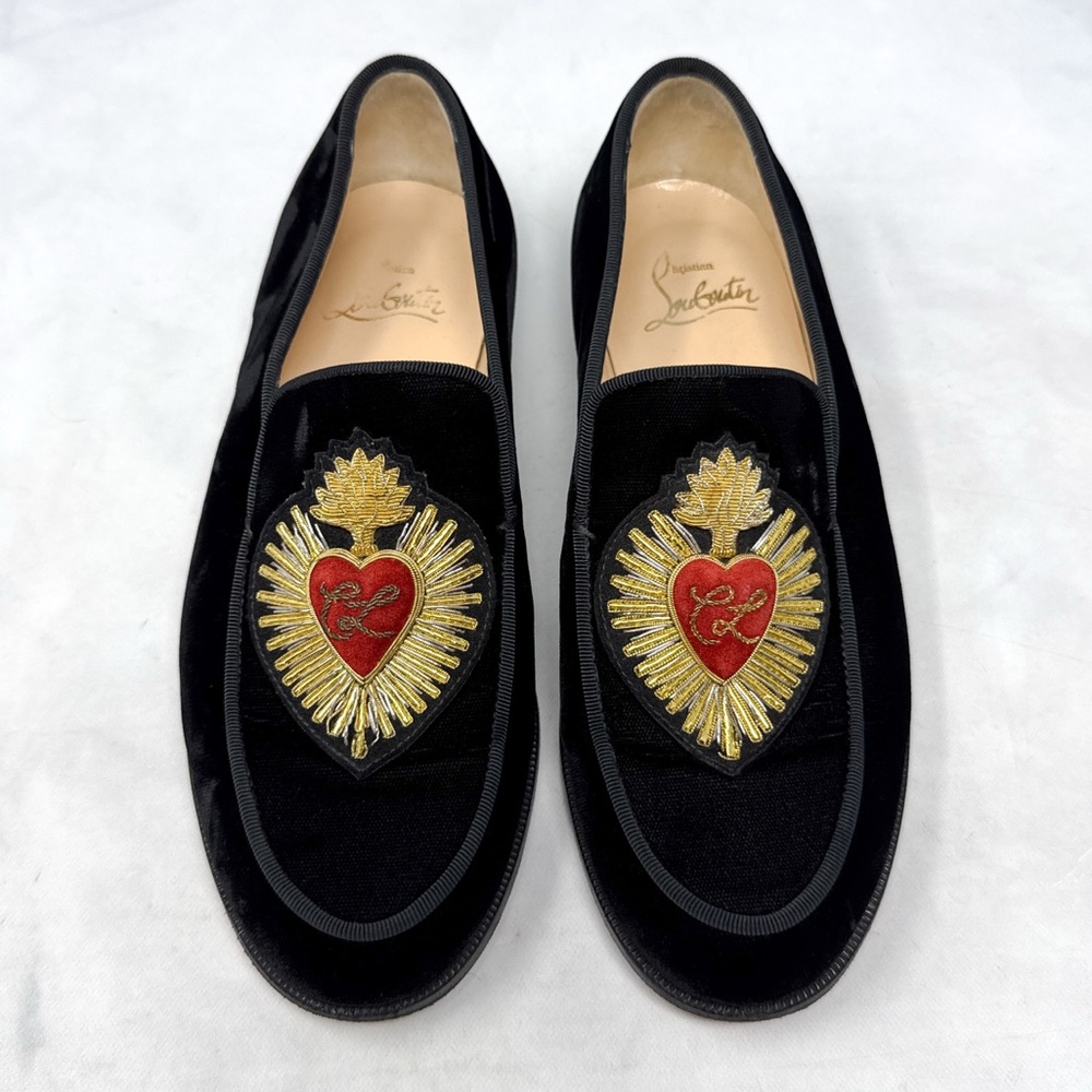 Christian Louboutin Perou Corazon Embroidered Heart Velvet Flat Loafer Shoes 34